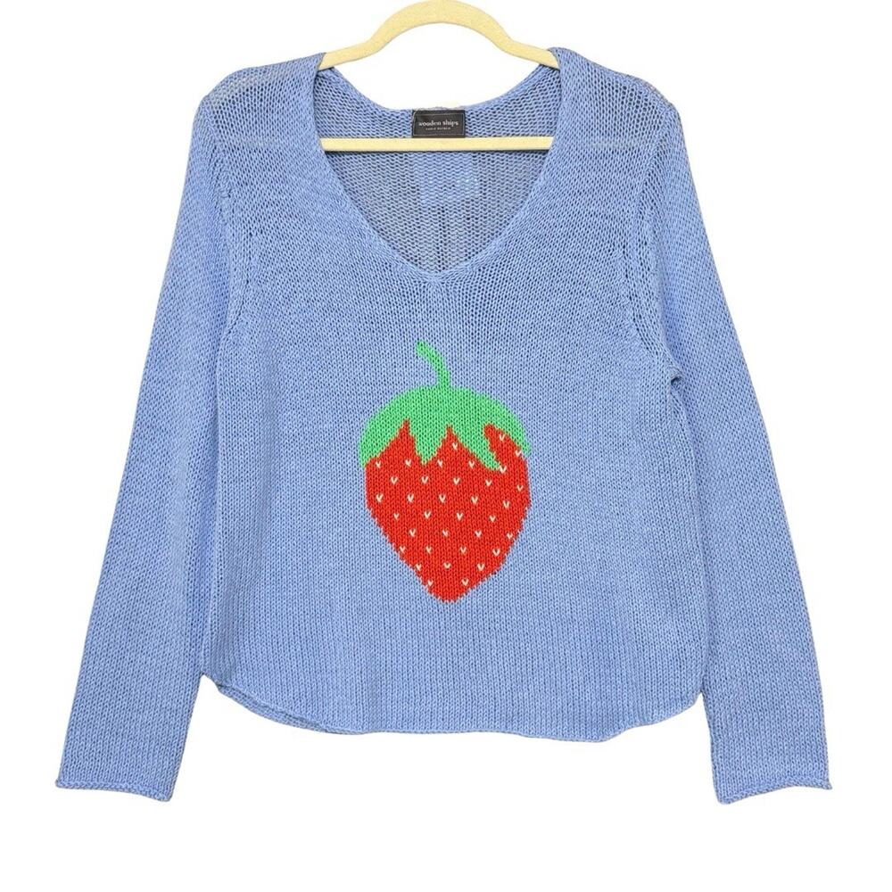 Wooden Ships Paola Buendia STRAWBERRY V COTTON SWEATER Blue Loose Knit NWT